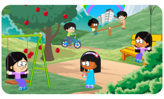 A scene from Look to Learn of children playing in a park, demonstrating a range of diverse characters.