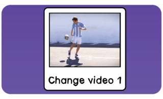 A cell in Look to Learn shows a person playing football, with the words 'Change video 1', as a visual representation of how to change video cells in the software.