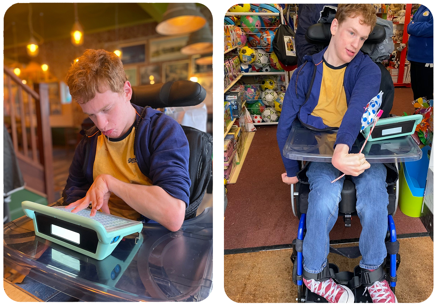 Joe uses his Grid Pad 10s device in a cafe. It has a green tough cover and you can see the second screen.